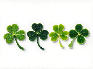 A collection of vibrant green shamrocks arranged in an artistic pattern on a white background, symbolizing good luck and Irish heritage.

