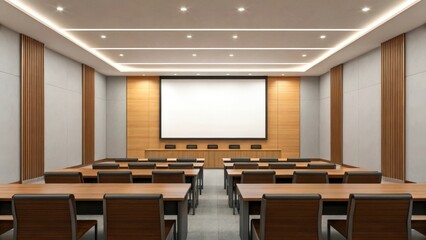 an empty lecture hall with rows of chairs facing a large projection screen. The room is well-lit, with wooden paneling and a sense of order