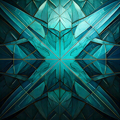 Abstract blue geometric background with triangular patterns and reflective glass elements