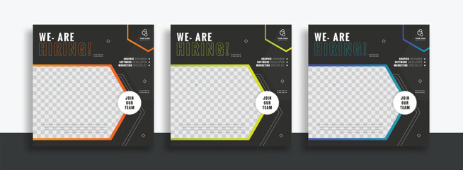 We are hiring job vacancy social media post banner design template with green and black color. We are hiring job vacancy square web banner design.