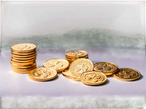 Stacks of glimmering gold coins with embossed shamrocks and Celtic patterns, neatly scattered on a white background.
