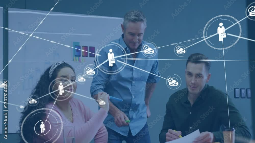 Poster Collaborating in office, business team using digital network animation for project