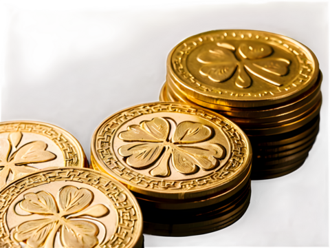 Stacks of glimmering gold coins with embossed shamrocks and Celtic patterns, neatly scattered on a white background.
