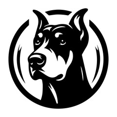 Doberman's head is a black and white simple logo. EPS vector graphics.