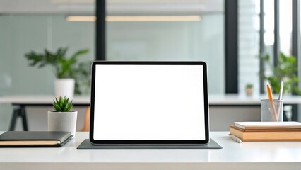 Fototapeta premium A tablet with blank screen on a modern white desk in a modern office setting. It's ready to be used for a variety of tasks, from browsing the web to working on projects.