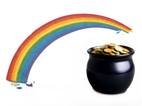 A vivid rainbow arching toward a black pot overflowing with gold coins, placed on a seamless white background.
