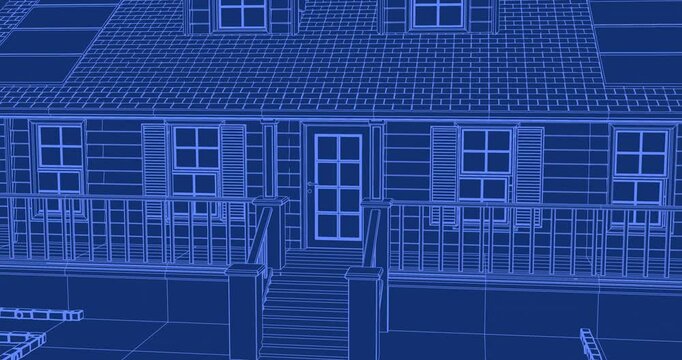 Simple blueprint house design line art animation drawing front view porch blue background white lines architecture render 