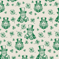 Seamless Pattern Leprechaun Saint Patricks day symbol. Saint Patrick's day. Vintage engraving style