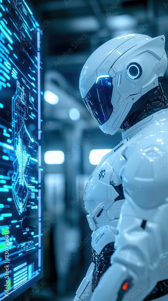 Poster futuristic white robot observing glowing futuristic interface with circuit board design