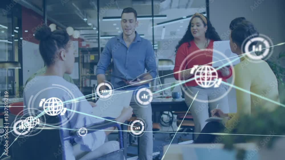 Poster network of connections and data processing animation over diverse team in office