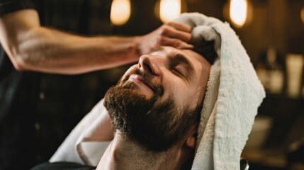 Relaxing Moment at Barbershop with Warm Towel After Shave