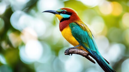 Obraz premium Colorful Bird Perched on Branch, Sunny Bokeh Background. Nature Scene, Vivid Colors