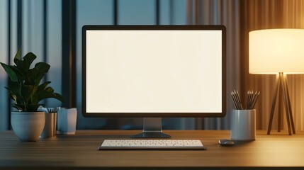 Modern workspace featuring a blank computer screen and stylish desk lighting for creativity and inspiration.
