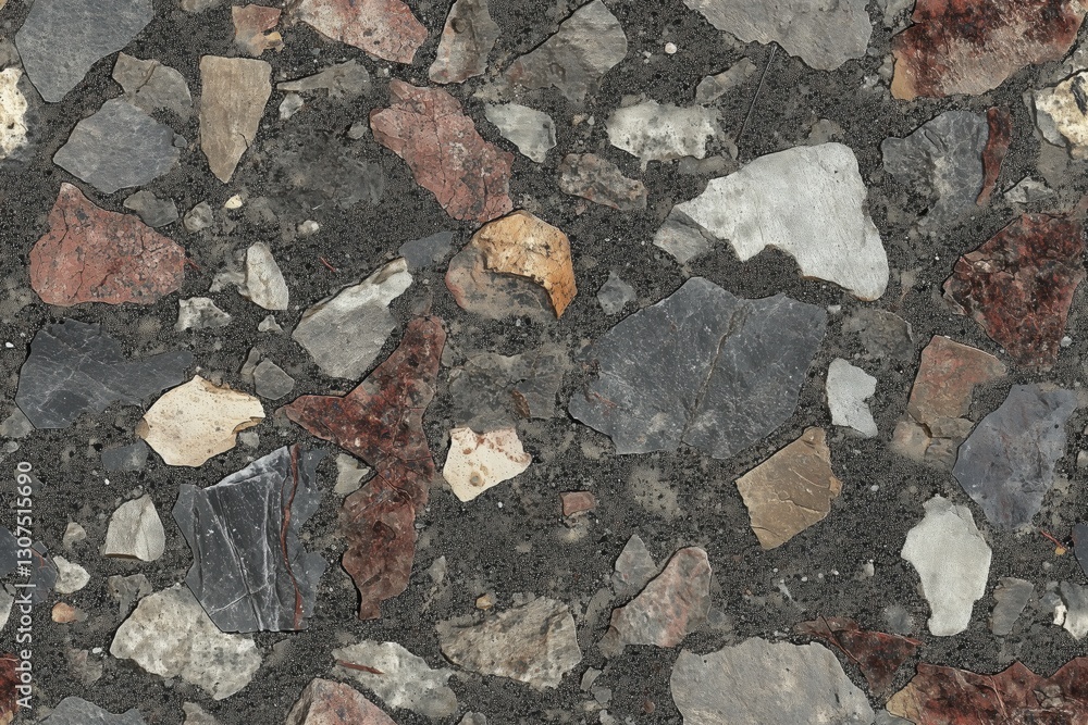 Poster seamless textured stone surface featuring various colored stones embedded in a dark matrix. the ston