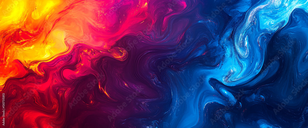 Poster abstract swirling red, blue, and yellow paint texture creating a dynamic, energetic visual, showcasi
