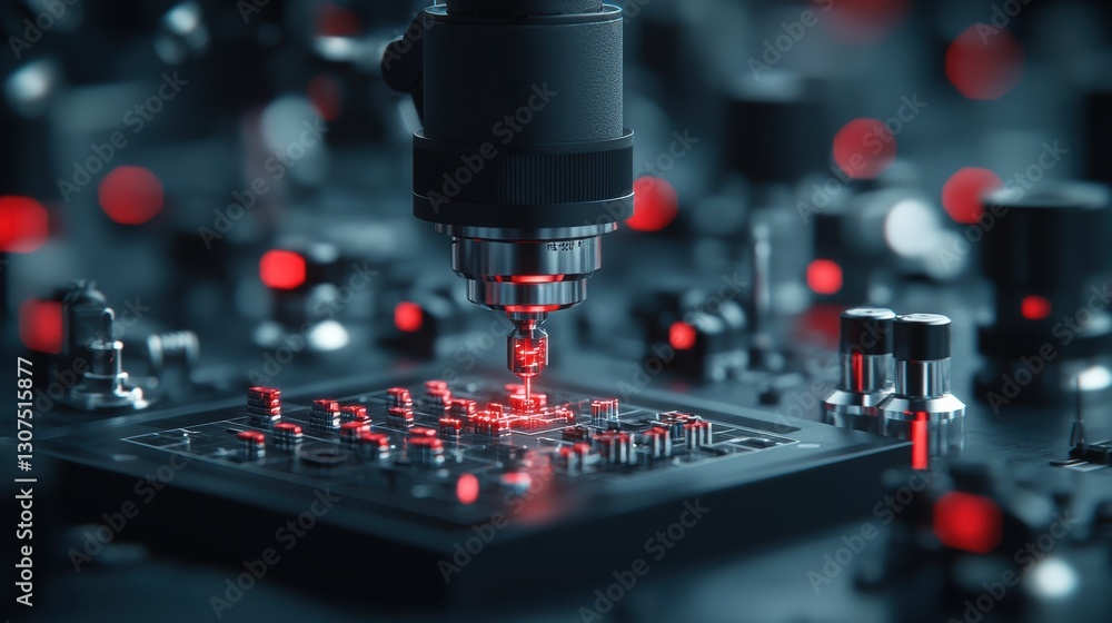 Poster advanced manufacturing of microchips with a robotic arm and red lighting in the lab