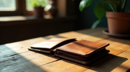 Fototapeta premium A handcrafted leather wallet rests on a sun-drenched wooden surface, showcasing its fine stitching and rich, warm hue.