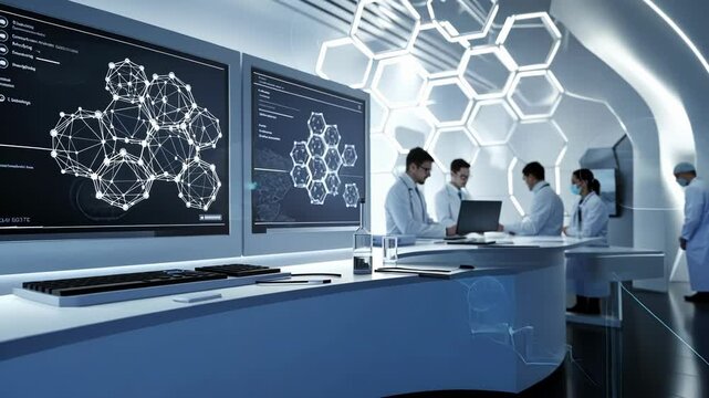 Scientists collaborate in a high tech laboratory, analyzing complex data visualizations on computer screens. The futuristic setting features advanced technology and digital network graphics