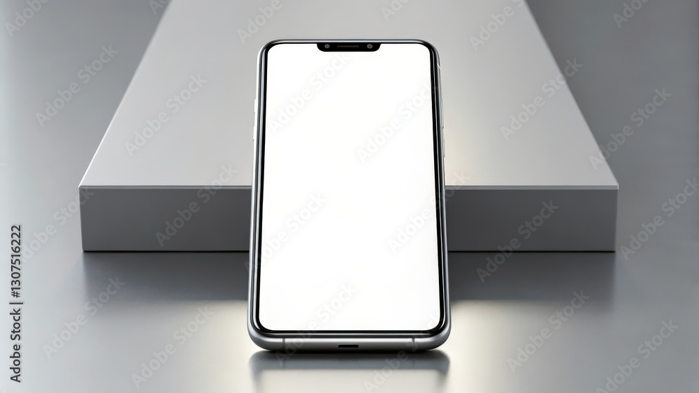 Poster a modern smartphone with a blank screen resting on a pedestal, showcasing its sleek design and displ