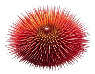 Intricate closeup of a vibrant red spiky sphere, evocative of a sea urchin or abstract art.  The sharp, radiating points create a dynamic texture and powerful visual impact.