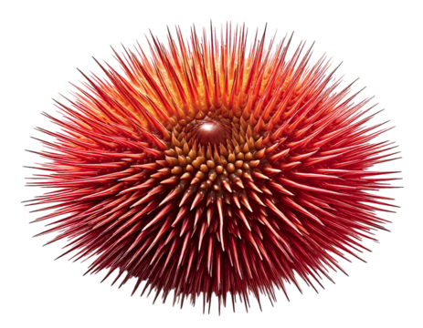 Intricate closeup of a vibrant red spiky sphere, evocative of a sea urchin or abstract art.  The sharp, radiating points create a dynamic texture and powerful visual impact.