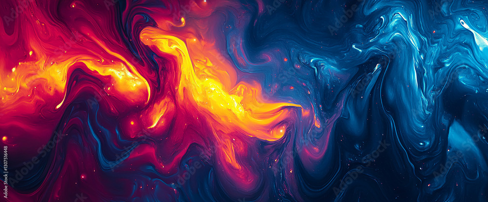 Poster abstract swirling pattern in blue, red, and yellow hues, creating a dynamic and vibrant visual, repr