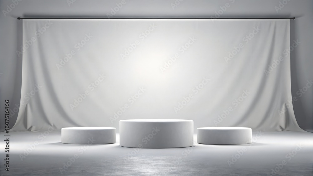 Poster three podiums stand in front of a draped fabric, under a spotlight, creating a studio environment, w
