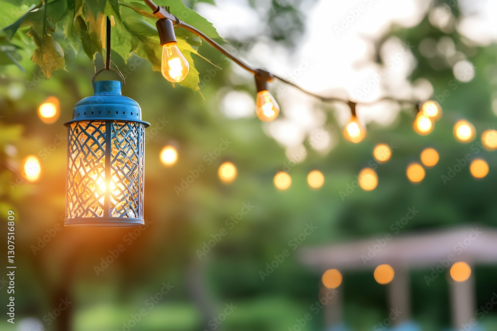 Poster blue lantern lights hanging on tree branch at garden party; blurry background of gazebo and string l