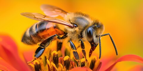 Fototapeta premium A close-up of a bee on a vibrant flower, showcasing intricate details of its body against a colorful, blurred background.