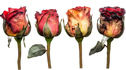 Four Roses Wither and Decay, Isolated on White Background