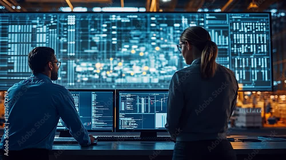 Poster tech professionals analyzing data on large screens in a modern industrial setting