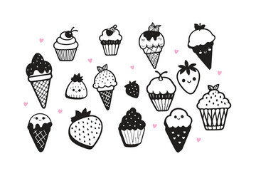 bakery items and food items as ice-cream, cup cake, strawberry