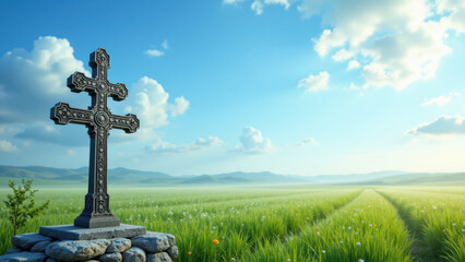 A cross on a rock at a field during sunset with mountainous landscape.