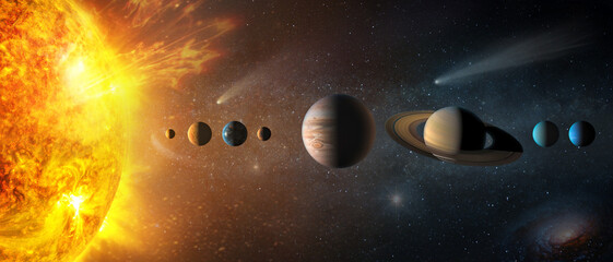 Solar system- Sun, Mercury, Venus, planet Earth, Mars, Jupiter, Saturn, Uranus, Neptune.. Space panorama of the universe. Elements of this image furnished by NASA
