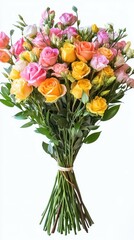 Obraz premium Bright floral bouquet featuring assorted roses and flowers in vibrant colors ready for gifting or decoration