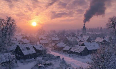 Snowy village sunrise, smoke rises from a chimney