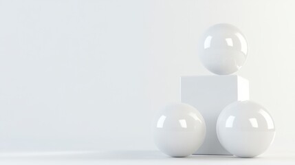 Three white spheres and a white cube arranged on a white background. Clean, minimalist composition with soft lighting.