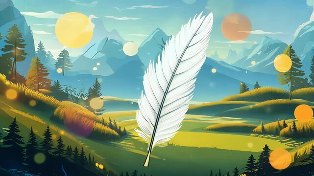 hyper realistic AI digital artwork depicting single white feather illuminated colorful lights blending fantasy nature 4K background