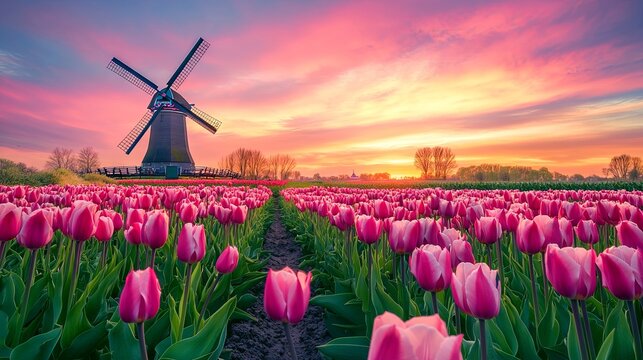 	
Vast tulip fields beneath a vibrant sky, featuring a classic windmill in the background	
