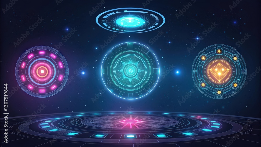 Poster futuristic interface with three glowing circular displays with various designs. these are displayed 