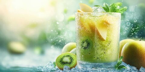 Refreshing kiwi and apple cocktail garnished with mint in a vibrant setting during summer