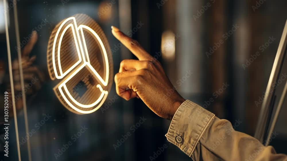 Poster a closeup shot of a hand reaching out to interact with a shimmering holographic graphic showcasing a
