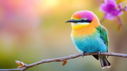 Obraz premium Colorful bird perched peacefully on a branch in a bright, soft-focused, floral spring background