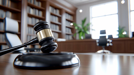 Sunlight Streams into an Empty Courtroom, Gavel on Polished Desk