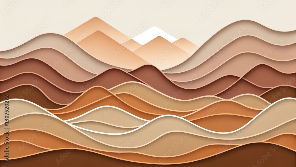 Poster abstract paper cut illustration of a mountain range with earthy color gradients and layered design. 