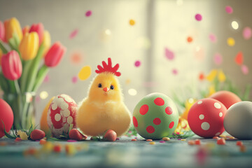 April Fools Day. Funny Chicken Figurine with Eggs in a Surreal Setting

