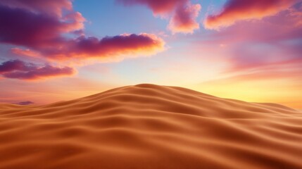 Sunset over rolling sand dunes in a desert landscape. Vibrant colors of orange, purple, and pink fill the sky, creating a serene and dramatic atmosphere.