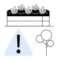 Raised garden bed with foliage, triangular exclamation sign, and stylized tree. Ideal for nature conservation, farming, sustainability, eco-education, urban planning, risk awareness flat simple