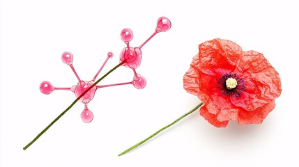 illustration showing the molecular structure of morphine alongside a poppy flower to visually explain the connection between the plant and the compound. molecular structure, morphine compound, 