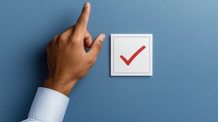 A businessman points his finger at a red check mark in a box, emphasizing approval and successful decision-making on a blue background